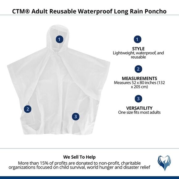 CTM Adult Reusable Waterproof Long Rain Poncho - Picture 3 of 3